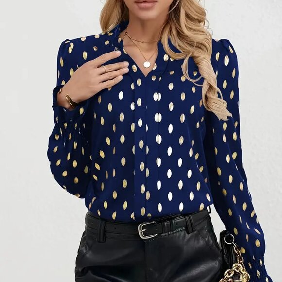 New Plus Size Women's Gold Foil Polka Dots Ruffle Sleeve Shirt Fall Cloth For - Picture 1 of 4